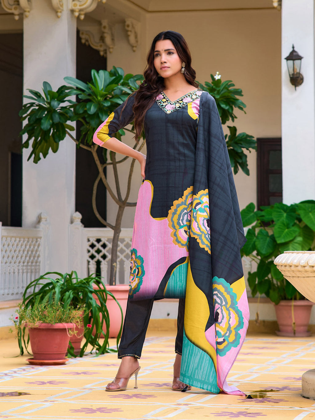 Embroidered & Floral Printed Kurta With Pant & Printed Dupatta, Lavender - Hiral Fashion - Distacart