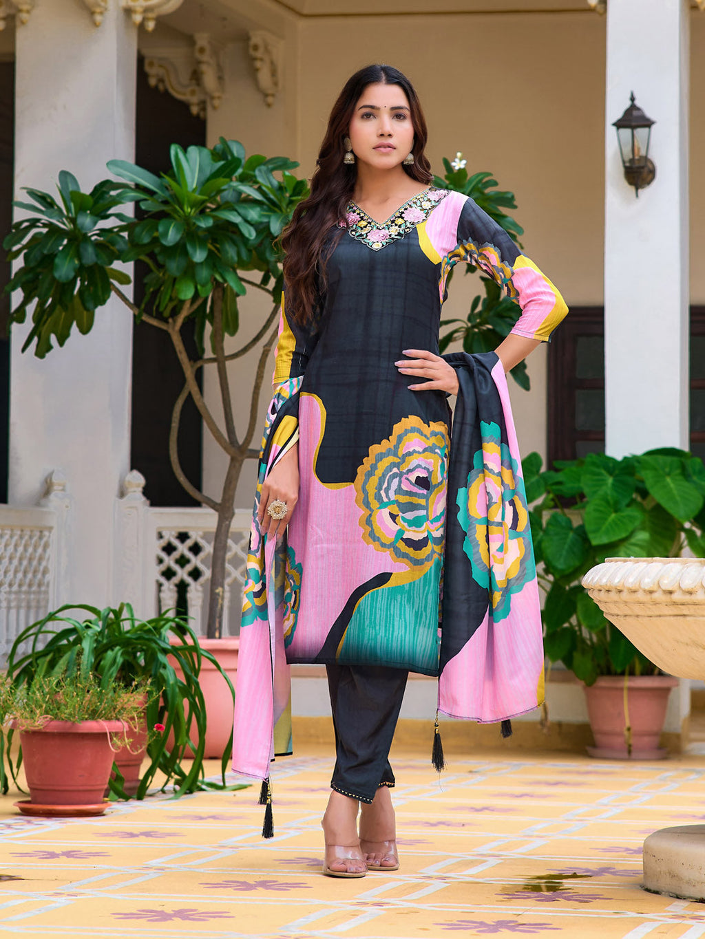 Embroidered & Floral Printed Kurta With Pant & Printed Dupatta, Lavender - Hiral Fashion - Distacart
