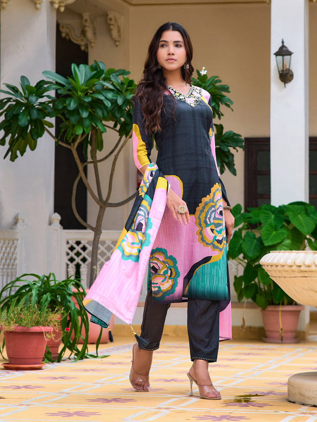 Embroidered & Floral Printed Kurta With Pant & Printed Dupatta, Lavender - Hiral Fashion - Distacart