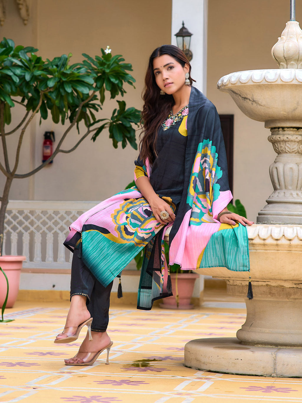 Embroidered & Floral Printed Kurta With Pant & Printed Dupatta, Lavender - Hiral Fashion - Distacart