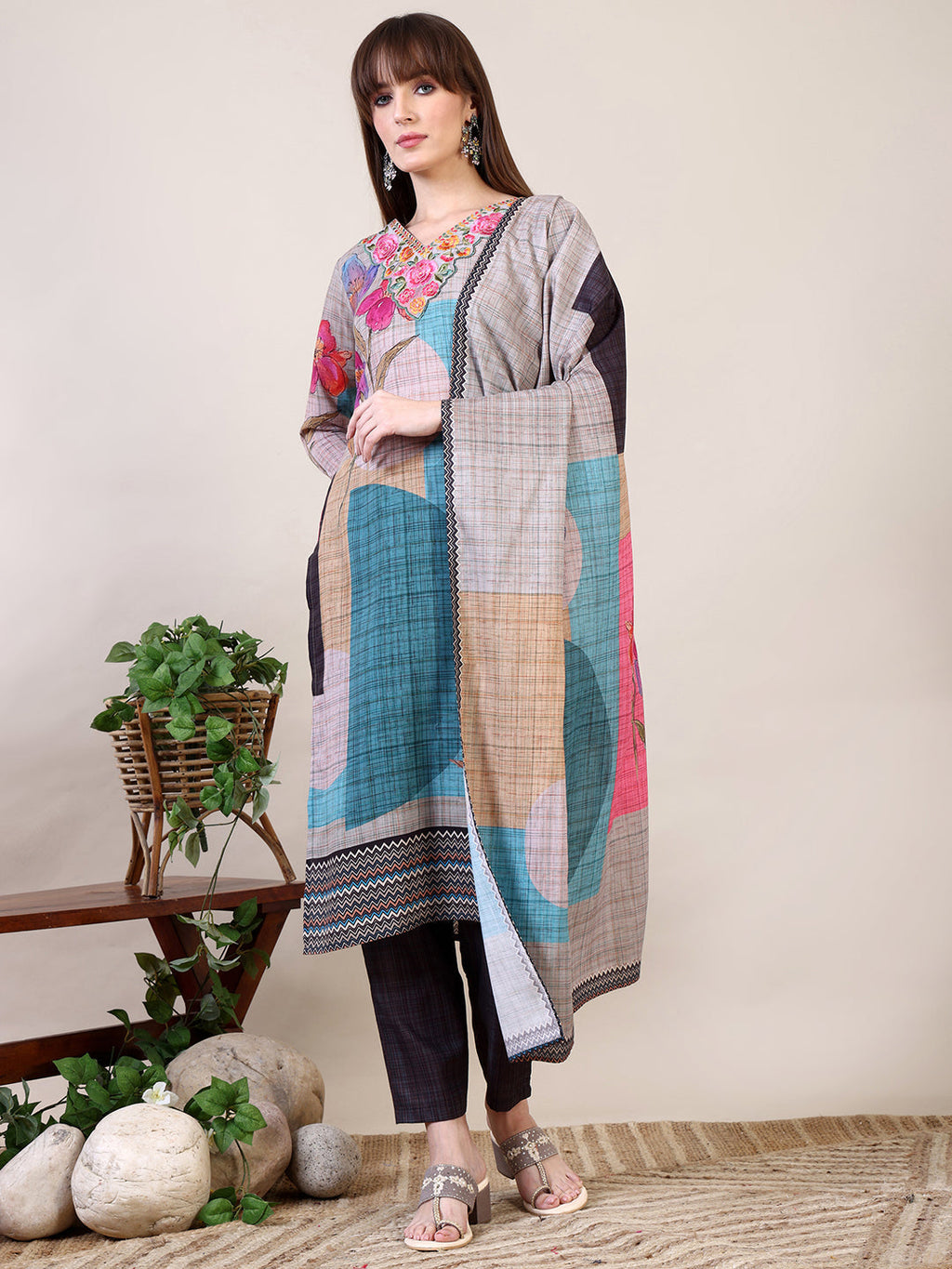 Embroidered & Printed Kurta With Pant & Dupatta, Multicolor - Hiral Fashion - Distacart