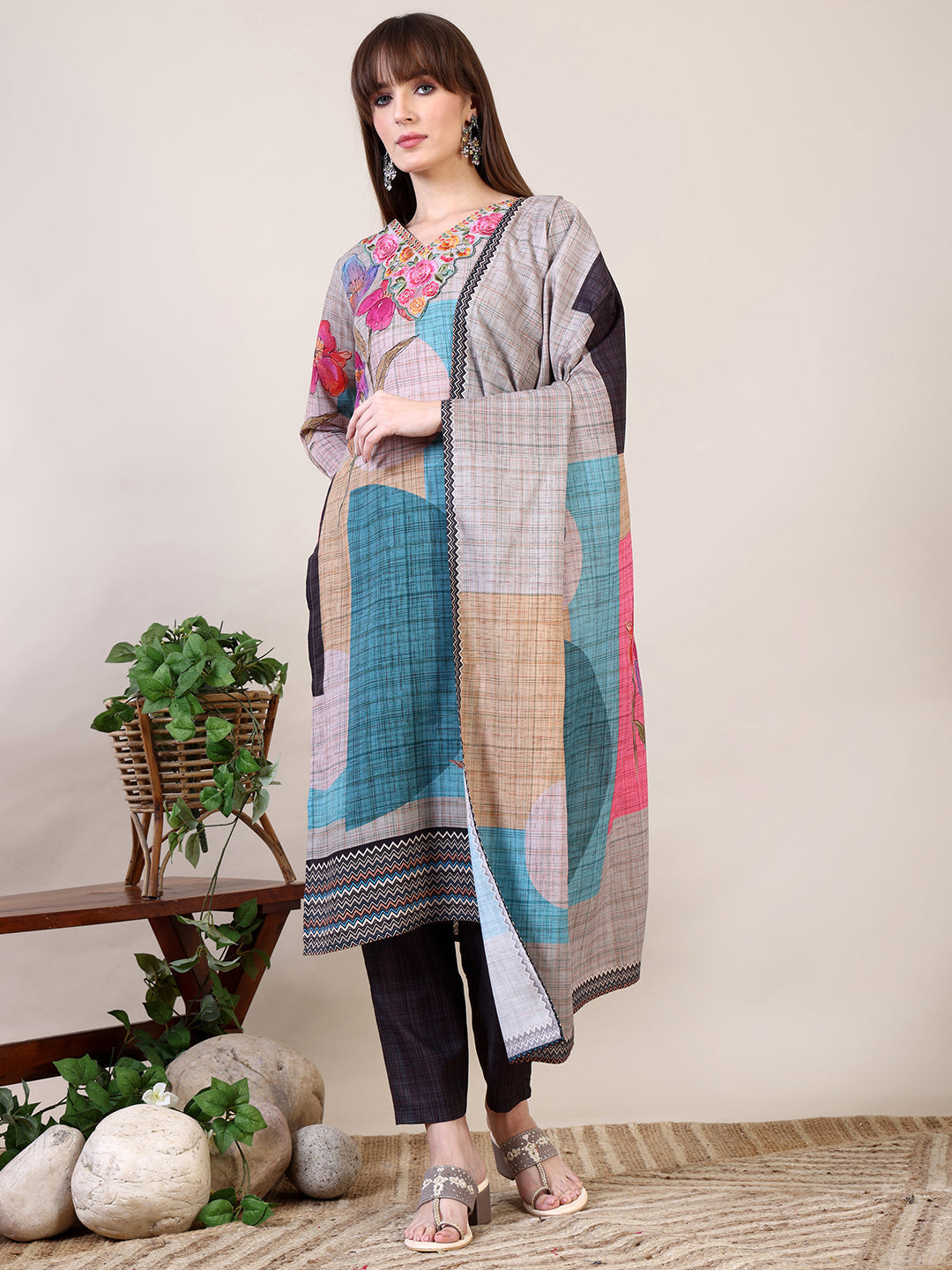 Embroidered & Printed Kurta With Pant & Dupatta, Multicolor - Hiral Fashion - Distacart