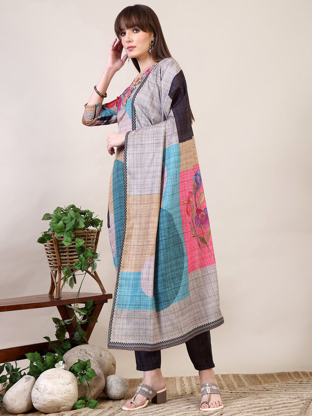 Embroidered & Printed Kurta With Pant & Dupatta, Multicolor - Hiral Fashion - Distacart