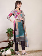 Embroidered & Printed Kurta With Pant & Dupatta, Multicolor - Hiral Fashion - Distacart