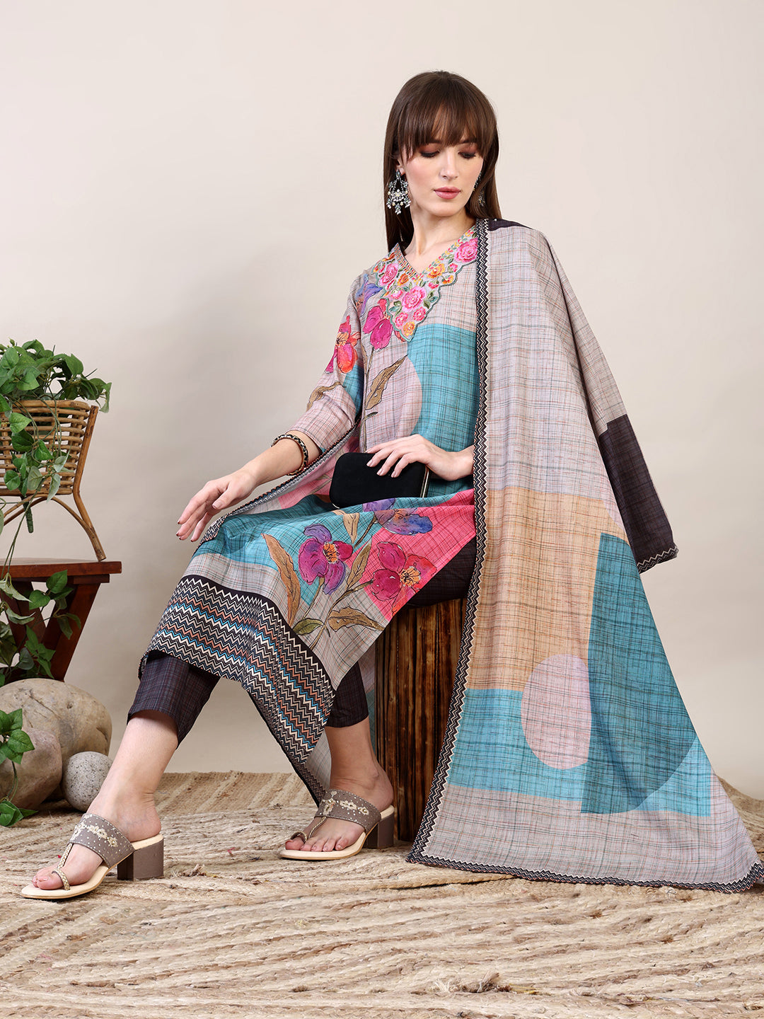 Embroidered & Printed Kurta With Pant & Dupatta, Multicolor - Hiral Fashion - Distacart