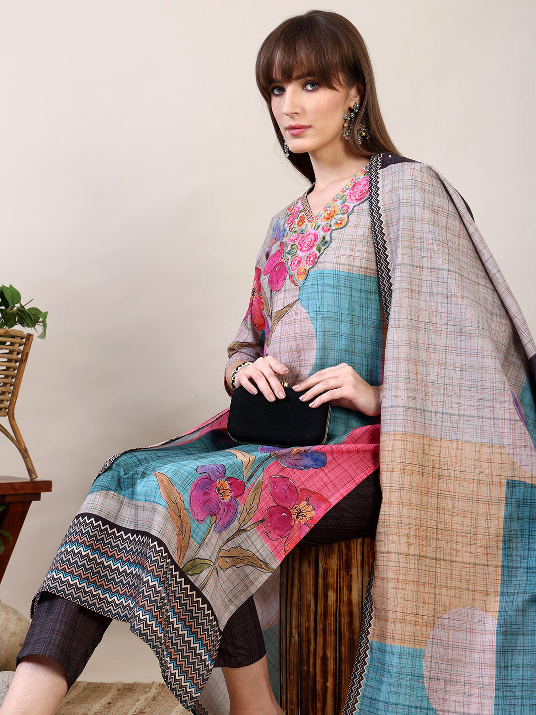 Embroidered & Printed Kurta With Pant & Dupatta, Multicolor - Hiral Fashion - Distacart