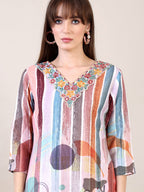 Embroidered & Striped Floral Printed Kurta With Pant & Dupatta, Multicolor - Hiral Fashion - Distacart