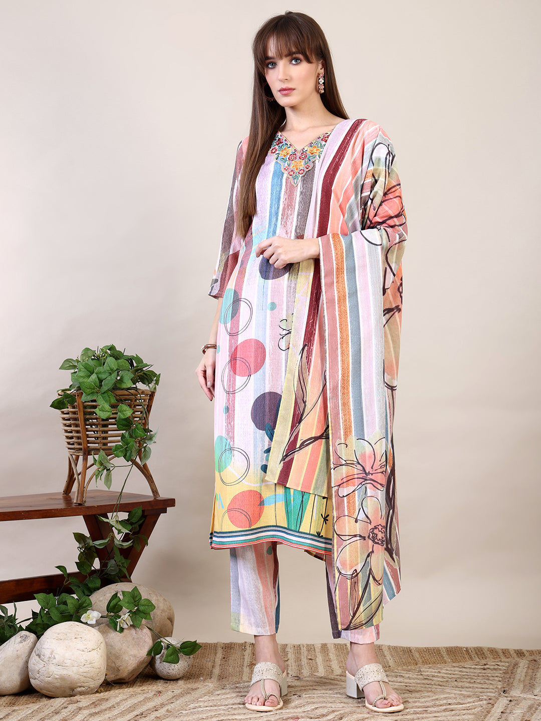 Embroidered & Striped Floral Printed Kurta With Pant & Dupatta, Multicolor - Hiral Fashion - Distacart