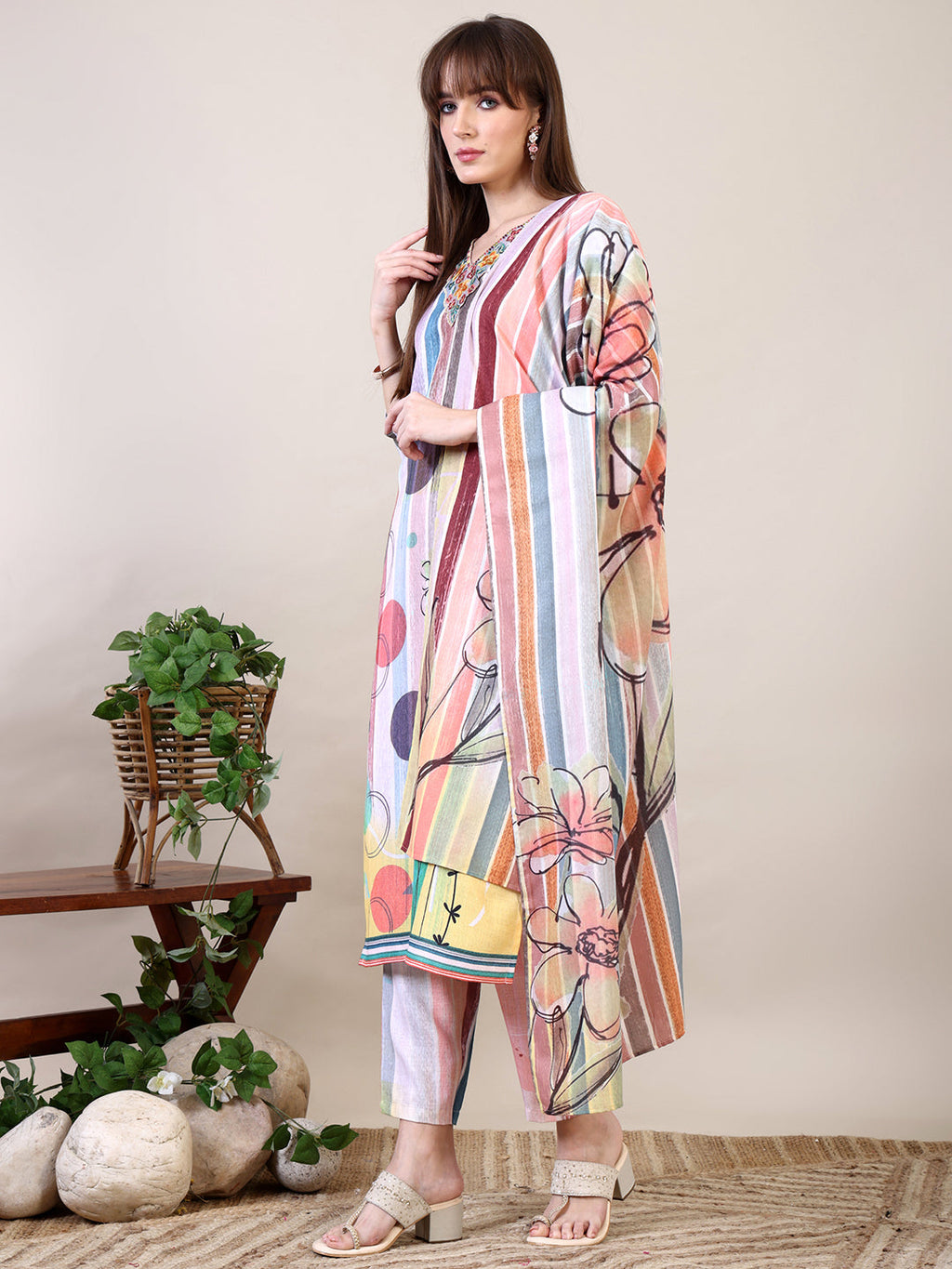 Embroidered & Striped Floral Printed Kurta With Pant & Dupatta, Multicolor - Hiral Fashion - Distacart