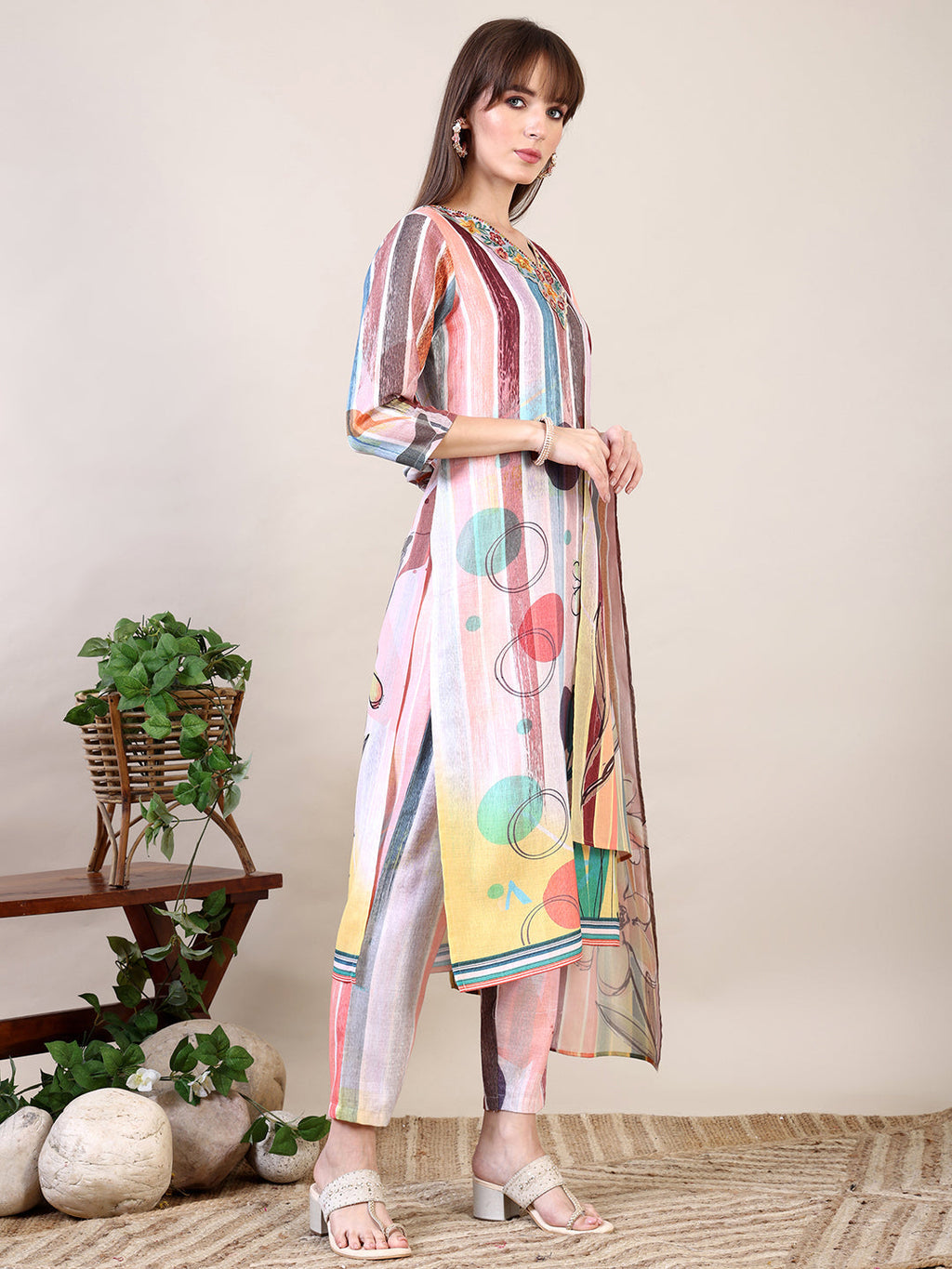 Embroidered & Striped Floral Printed Kurta With Pant & Dupatta, Multicolor - Hiral Fashion - Distacart