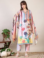 Embroidered & Striped Floral Printed Kurta With Pant & Dupatta, Multicolor - Hiral Fashion - Distacart