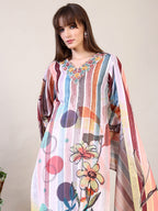 Embroidered & Striped Floral Printed Kurta With Pant & Dupatta, Multicolor - Hiral Fashion - Distacart
