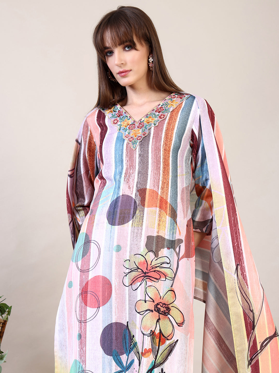 Embroidered & Striped Floral Printed Kurta With Pant & Dupatta, Multicolor - Hiral Fashion - Distacart