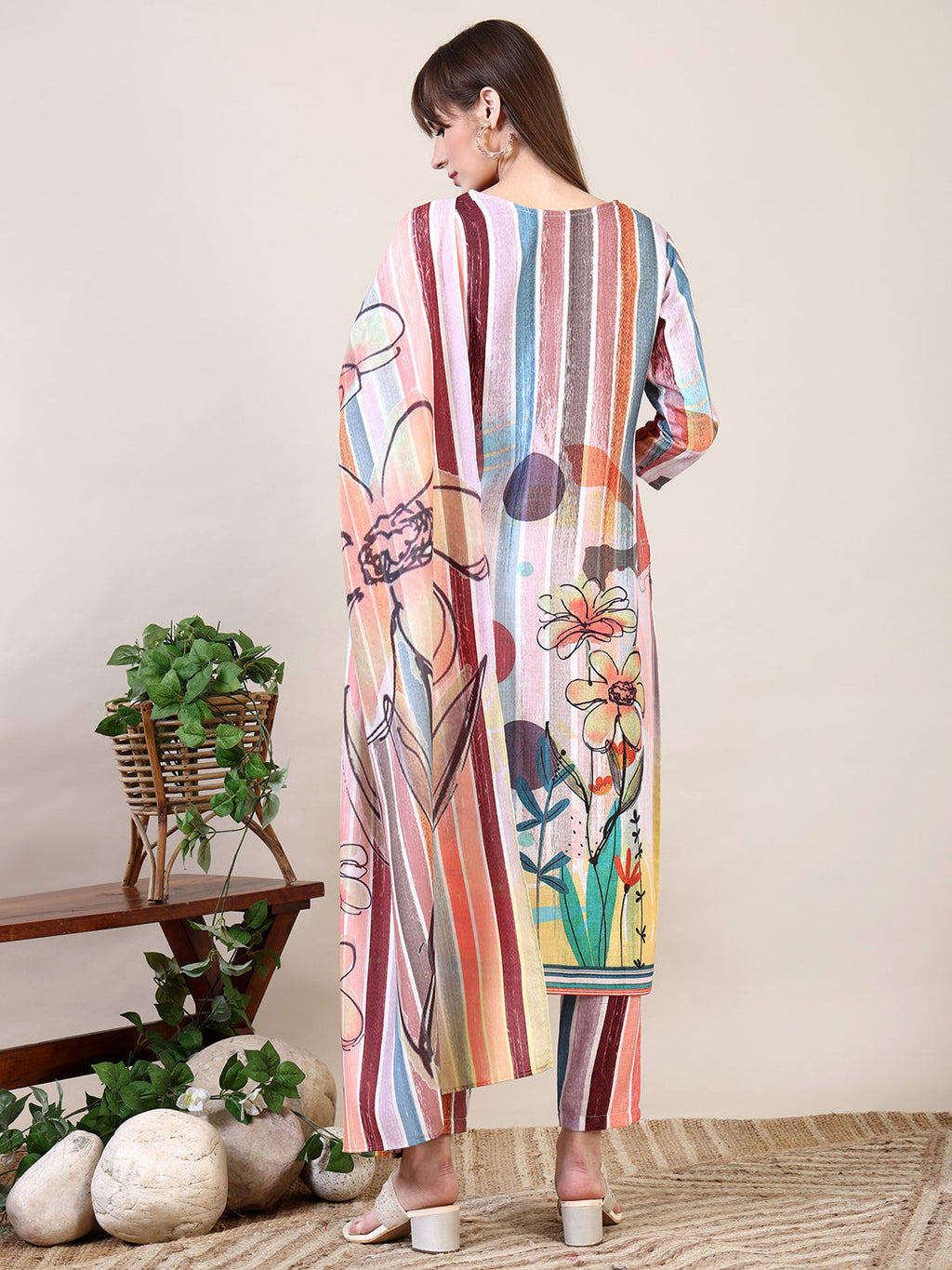 Embroidered & Striped Floral Printed Kurta With Pant & Dupatta, Multicolor - Hiral Fashion - Distacart