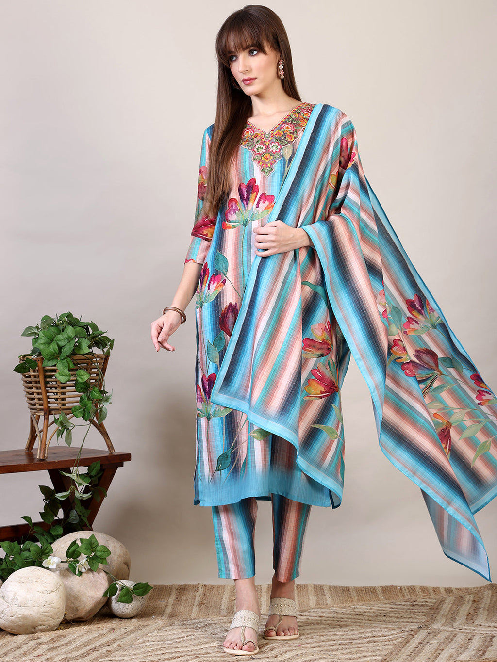 Embroidered & Floral Printed Kurta With Pant & Dupatta, Multicolor - Hiral Fashion - Distacart