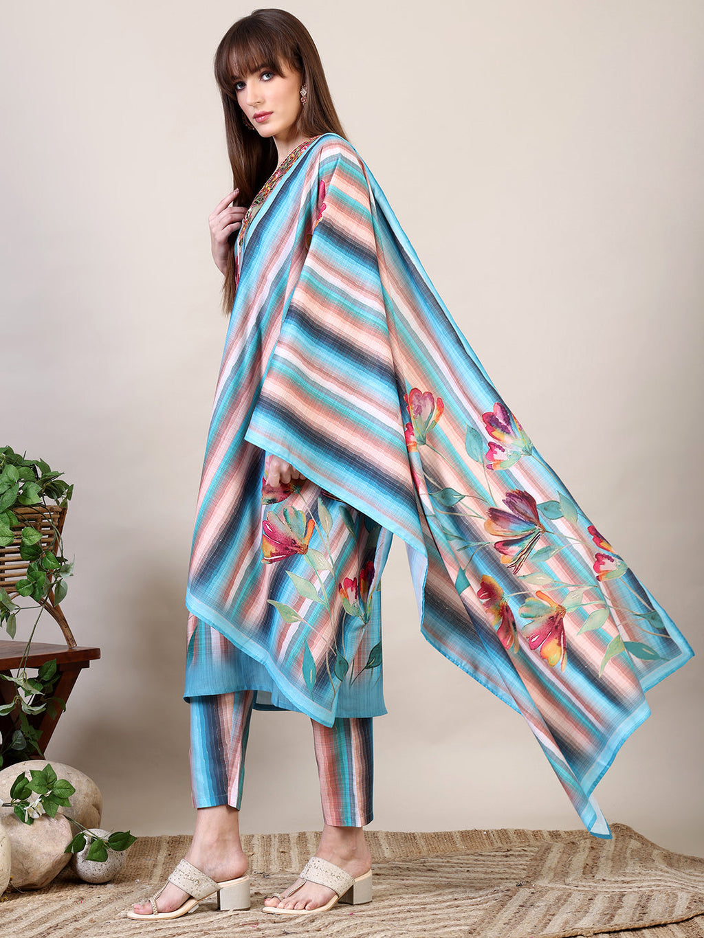 Embroidered & Floral Printed Kurta With Pant & Dupatta, Multicolor - Hiral Fashion - Distacart