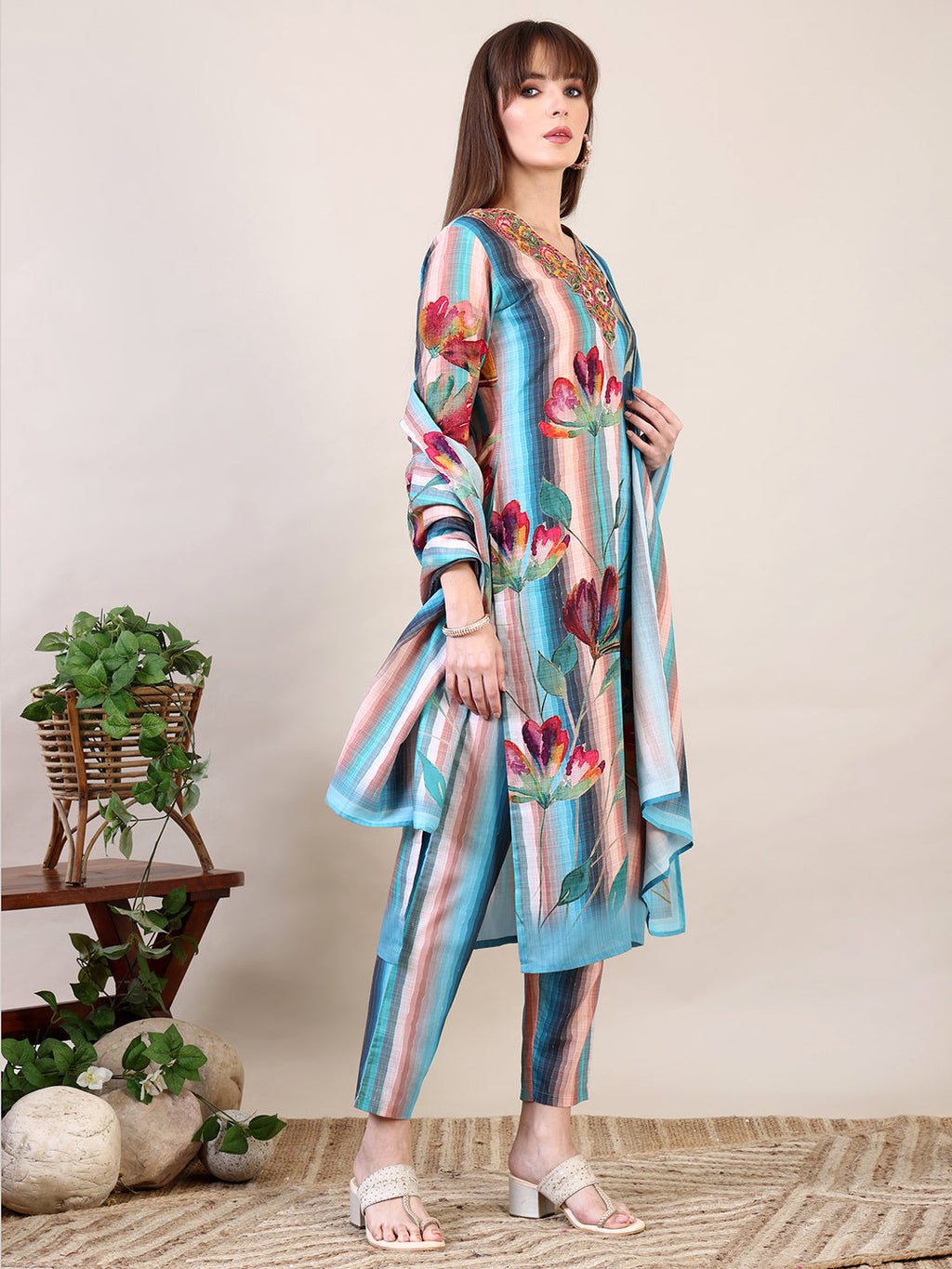 Embroidered & Floral Printed Kurta With Pant & Dupatta, Multicolor - Hiral Fashion - Distacart