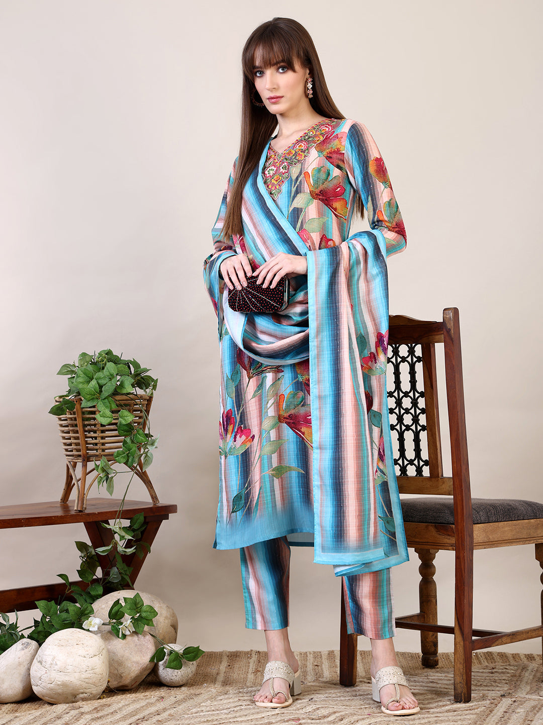 Embroidered & Floral Printed Kurta With Pant & Dupatta, Multicolor - Hiral Fashion - Distacart