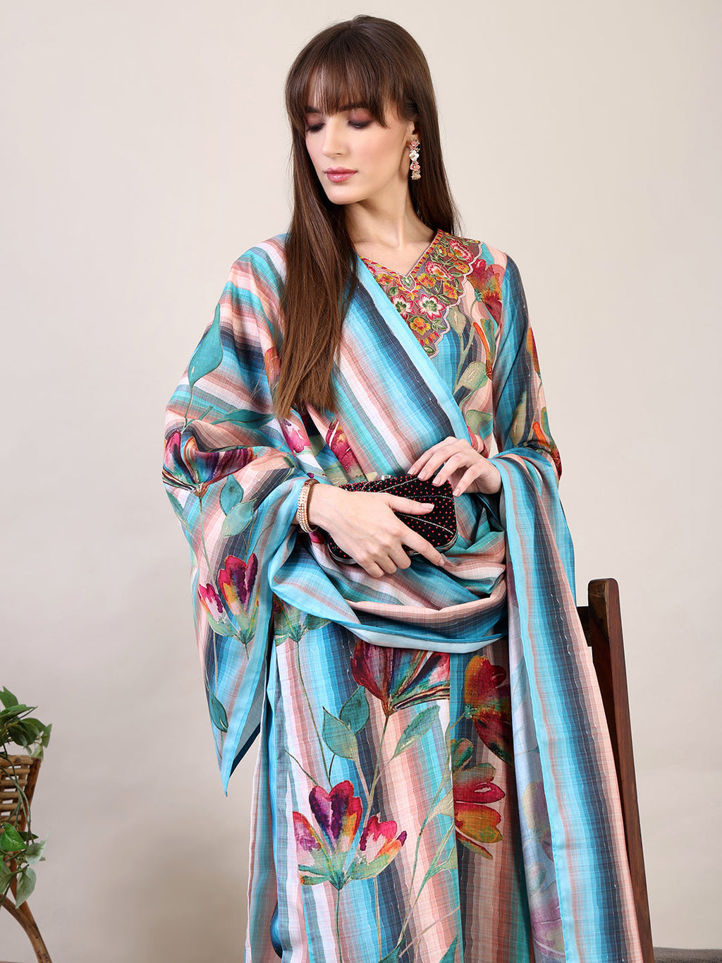 Embroidered & Floral Printed Kurta With Pant & Dupatta, Multicolor - Hiral Fashion - Distacart