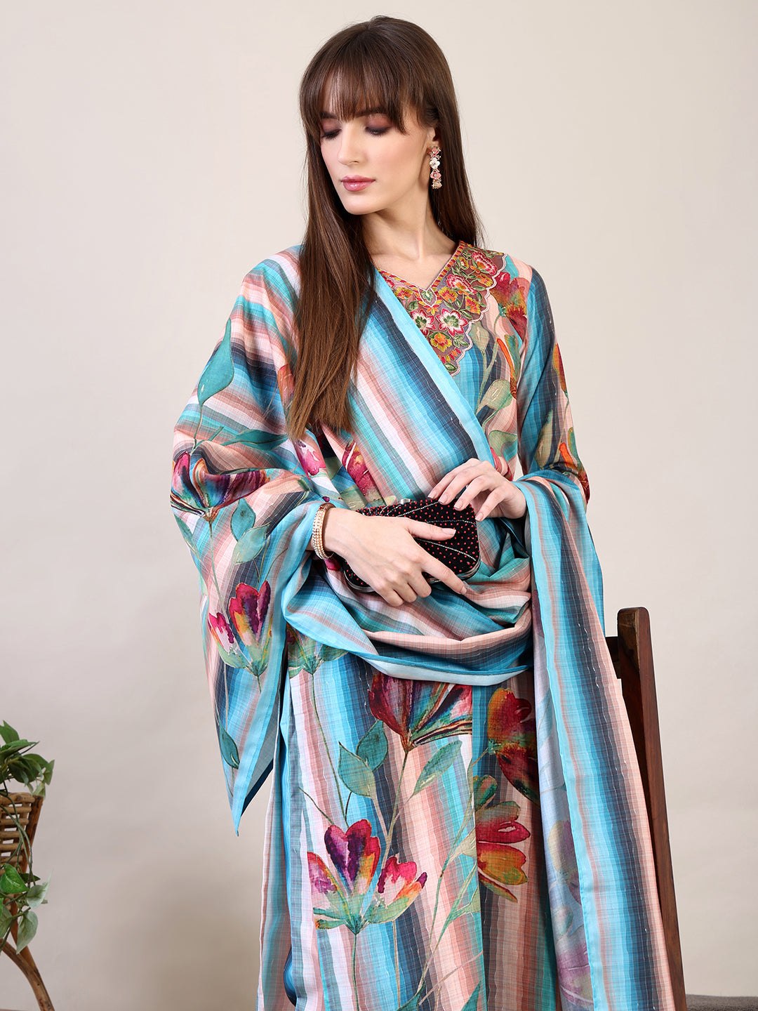 Embroidered & Floral Printed Kurta With Pant & Dupatta, Multicolor - Hiral Fashion - Distacart