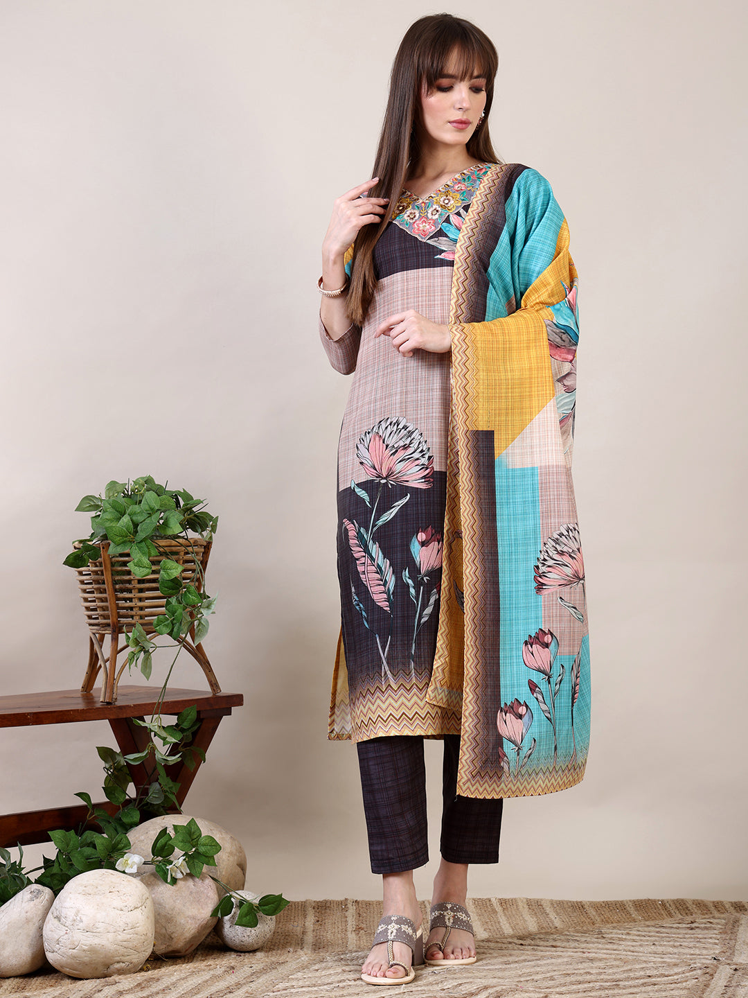 Embroidered & Printed Kurta With Pant & Dupatta, Multicolor - Hiral Fashion - Distacart