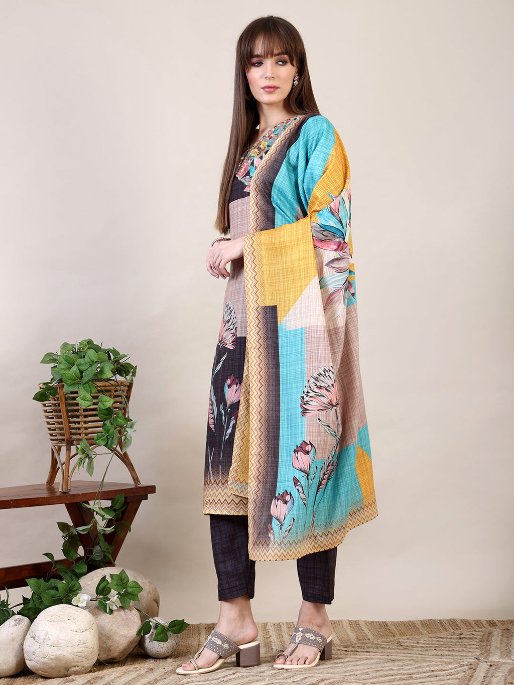 Embroidered & Printed Kurta With Pant & Dupatta, Multicolor - Hiral Fashion - Distacart