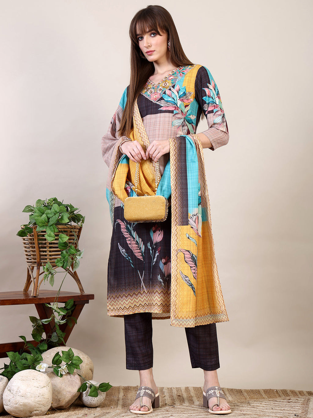 Embroidered & Printed Kurta With Pant & Dupatta, Multicolor - Hiral Fashion - Distacart