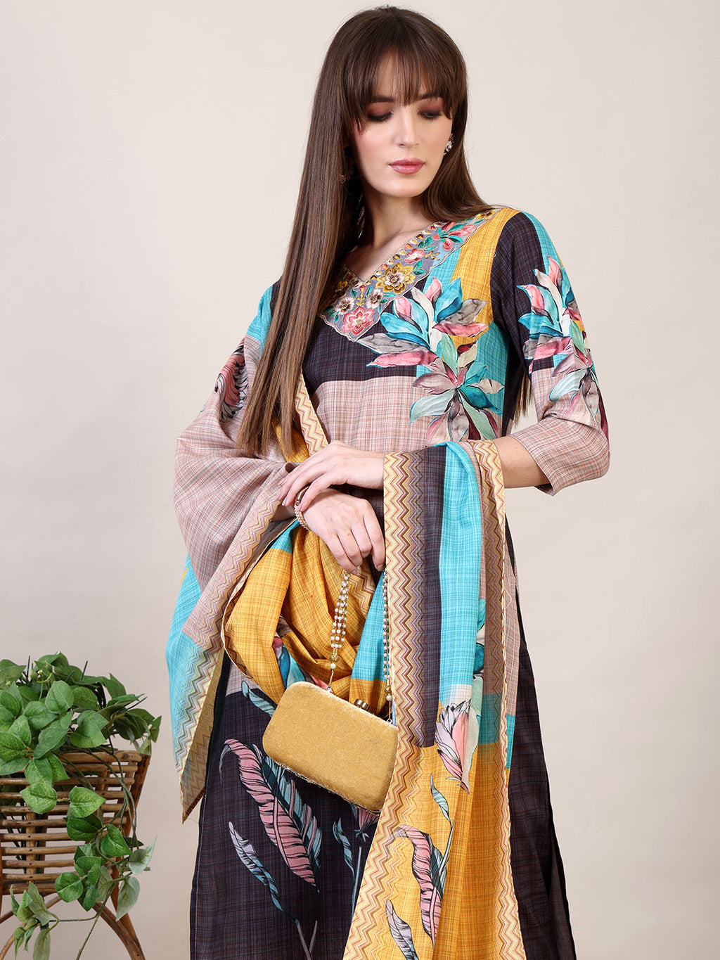 Embroidered & Printed Kurta With Pant & Dupatta, Multicolor - Hiral Fashion - Distacart