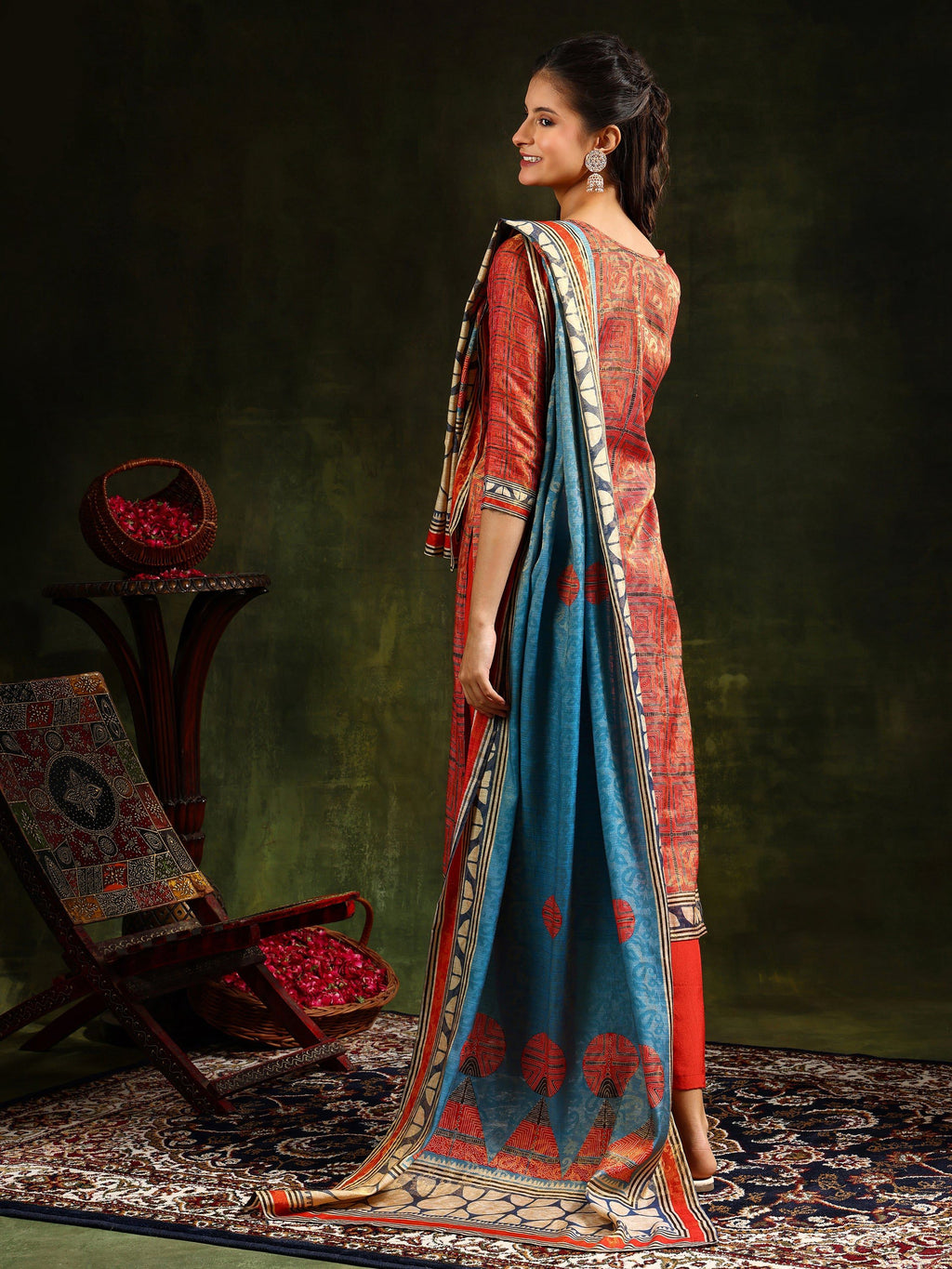 Hand Embroidered & Pure Silk Jacquard Kurta With Pant & Pure Silk Dupatta, Rust - Hiral Fashion - Distacart