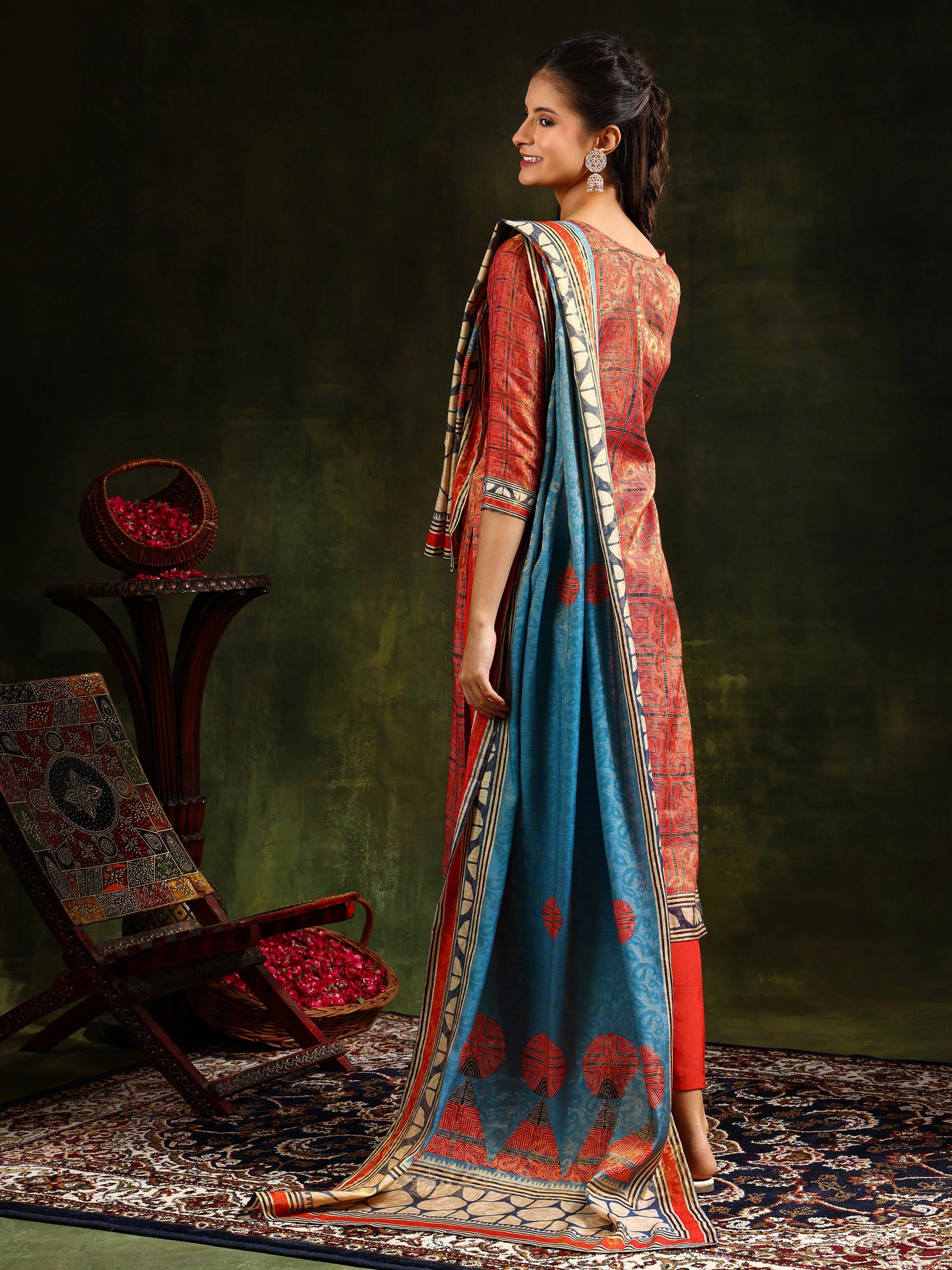 Hand Embroidered & Pure Silk Jacquard Kurta With Pant & Pure Silk Dupatta, Rust - Hiral Fashion - Distacart
