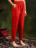 Hand Embroidered & Pure Silk Jacquard Kurta With Pant & Pure Silk Dupatta, Rust - Hiral Fashion - Distacart