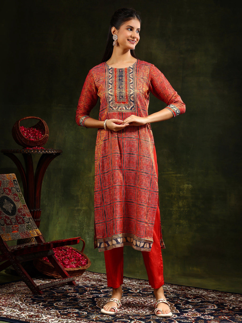 Hand Embroidered & Pure Silk Jacquard Kurta With Pant & Pure Silk Dupatta, Rust - Hiral Fashion - Distacart