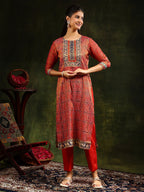 Hand Embroidered & Pure Silk Jacquard Kurta With Pant & Pure Silk Dupatta, Rust - Hiral Fashion - Distacart