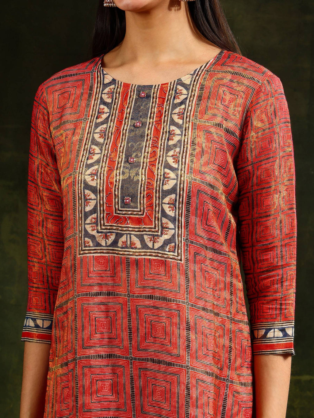 Hand Embroidered & Pure Silk Jacquard Kurta With Pant & Pure Silk Dupatta, Rust - Hiral Fashion - Distacart