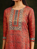Hand Embroidered & Pure Silk Jacquard Kurta With Pant & Pure Silk Dupatta, Rust - Hiral Fashion - Distacart