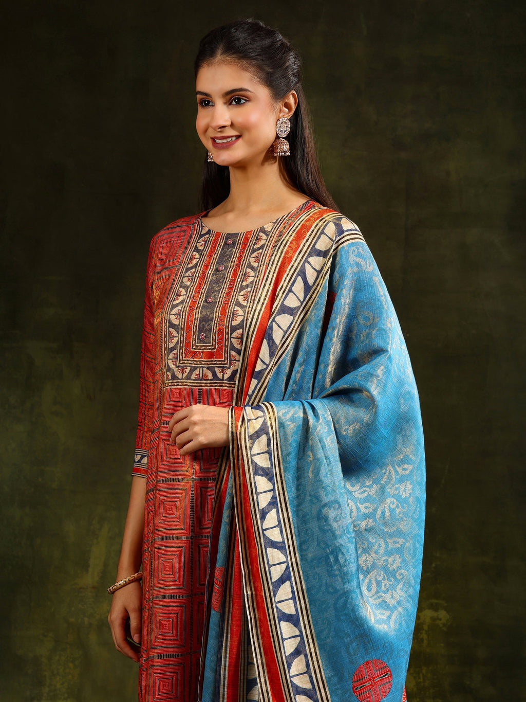 Hand Embroidered & Pure Silk Jacquard Kurta With Pant & Pure Silk Dupatta, Rust - Hiral Fashion - Distacart