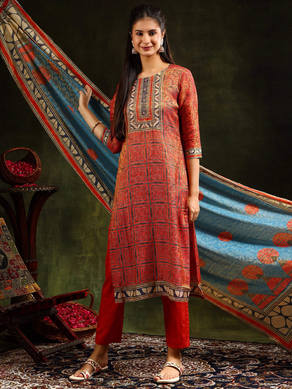 Hand Embroidered & Pure Silk Jacquard Kurta With Pant & Pure Silk Dupatta, Rust - Hiral Fashion - Distacart