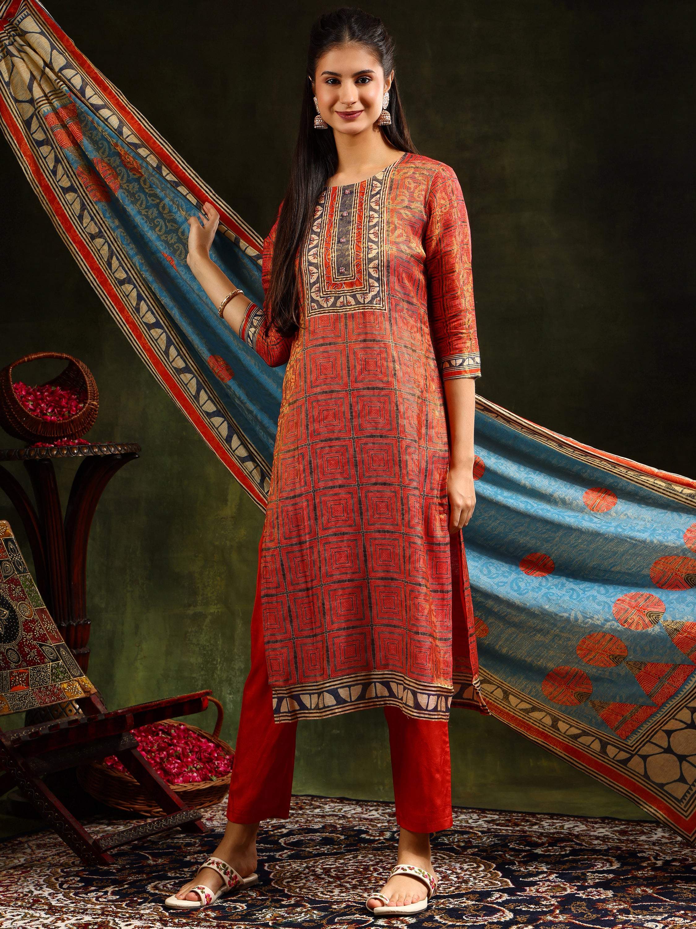 Hand Embroidered & Pure Silk Jacquard Kurta With Pant & Pure Silk Dupatta, Rust - Hiral Fashion - Distacart