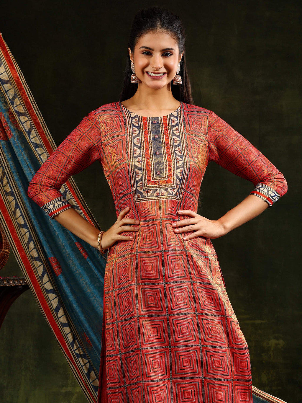 Hand Embroidered & Pure Silk Jacquard Kurta With Pant & Pure Silk Dupatta, Rust - Hiral Fashion - Distacart
