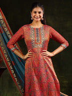 Hand Embroidered & Pure Silk Jacquard Kurta With Pant & Pure Silk Dupatta, Rust - Hiral Fashion - Distacart