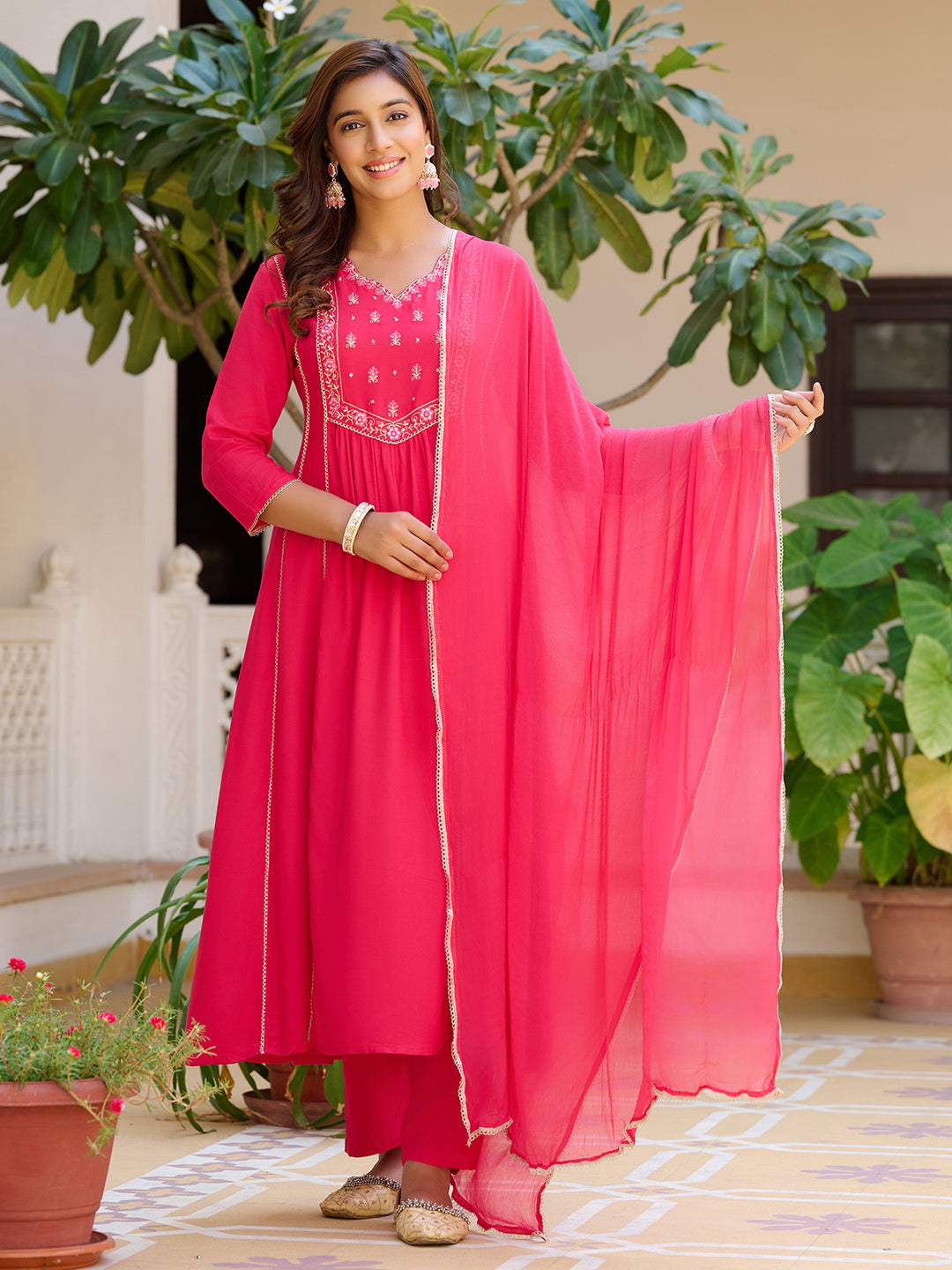Embroidered Flared Kurta With Pant & Dupatta, Pink - Hiral Fashion - Distacart