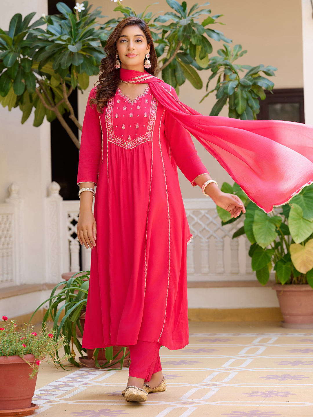 Embroidered Flared Kurta With Pant & Dupatta, Pink - Hiral Fashion - Distacart