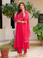 Embroidered Flared Kurta With Pant & Dupatta, Pink - Hiral Fashion - Distacart