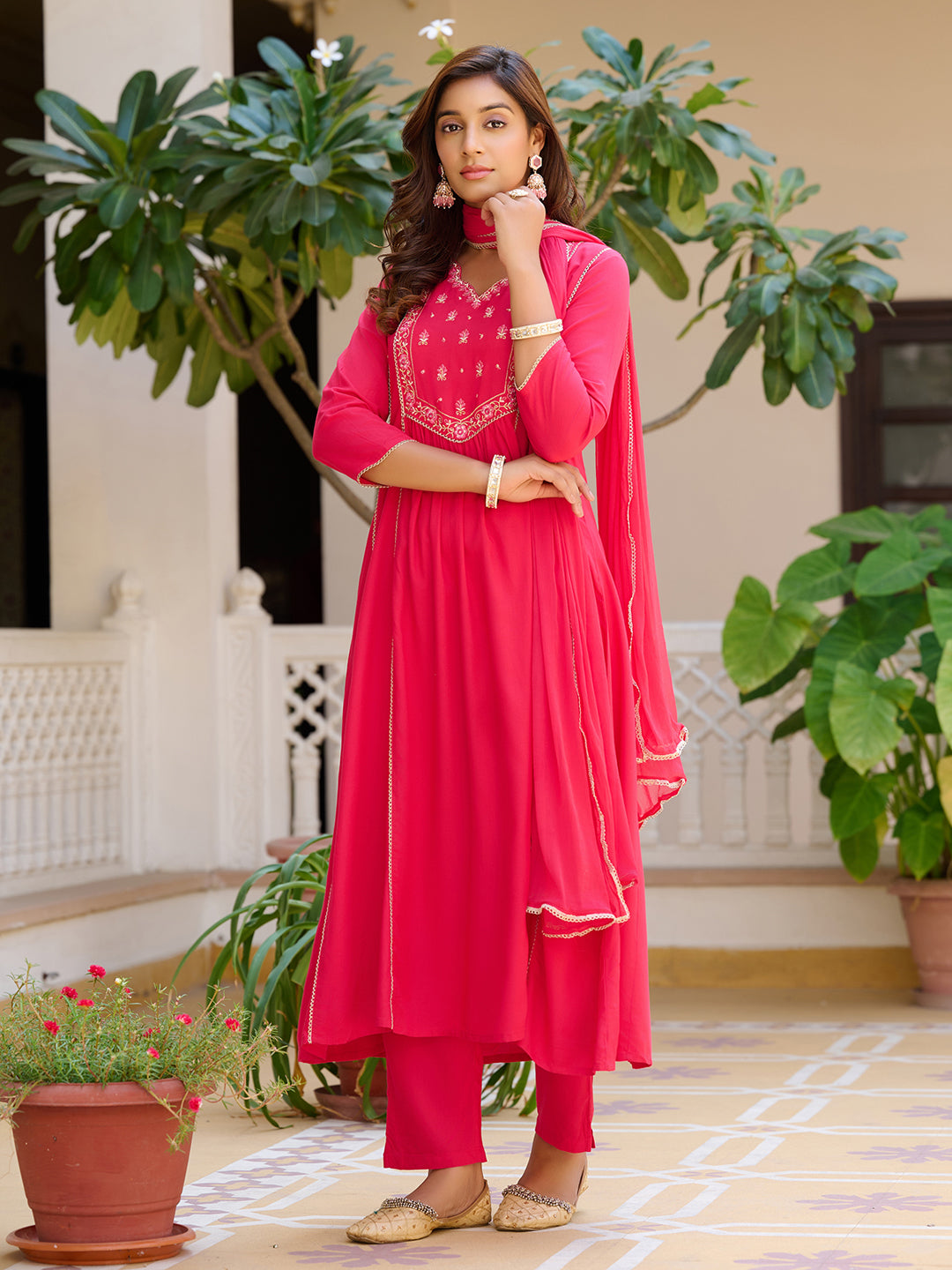 Embroidered Flared Kurta With Pant & Dupatta, Pink - Hiral Fashion - Distacart