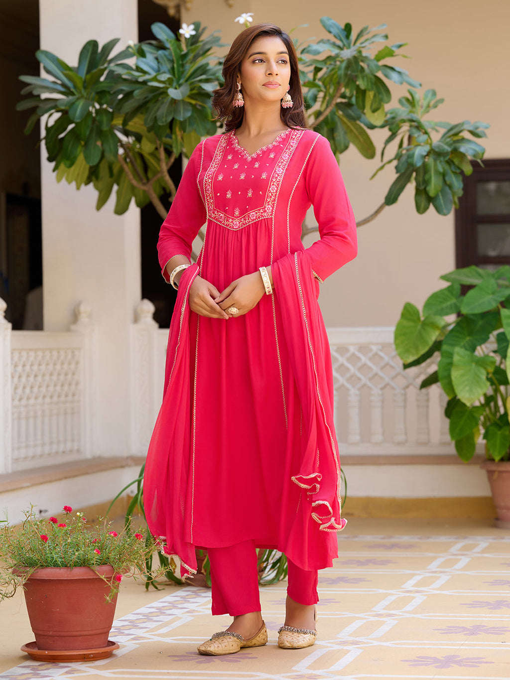 Embroidered Flared Kurta With Pant & Dupatta, Pink - Hiral Fashion - Distacart