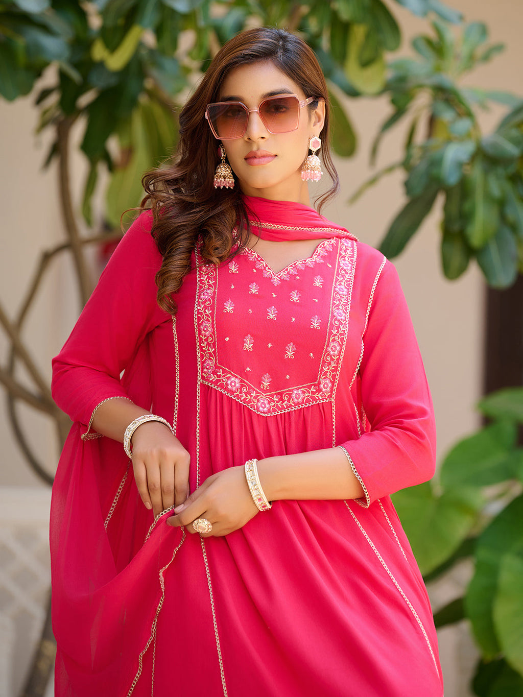Embroidered Flared Kurta With Pant & Dupatta, Pink - Hiral Fashion - Distacart