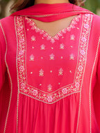 Embroidered Flared Kurta With Pant & Dupatta, Pink - Hiral Fashion - Distacart