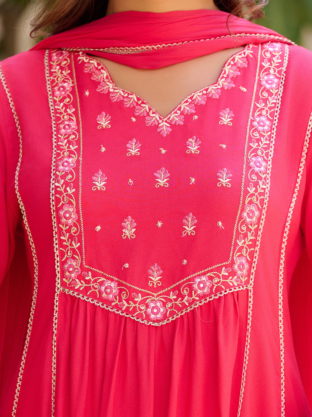 Embroidered Flared Kurta With Pant & Dupatta, Pink - Hiral Fashion - Distacart