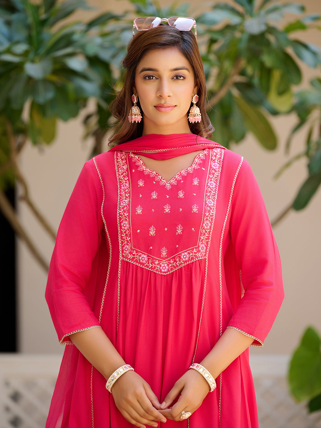 Embroidered Flared Kurta With Pant & Dupatta, Pink - Hiral Fashion - Distacart