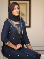 Sequined & Zari Embroidered Kurta With Pant & Dupatta, Navy Blue - Hiral Fashion - Distacart